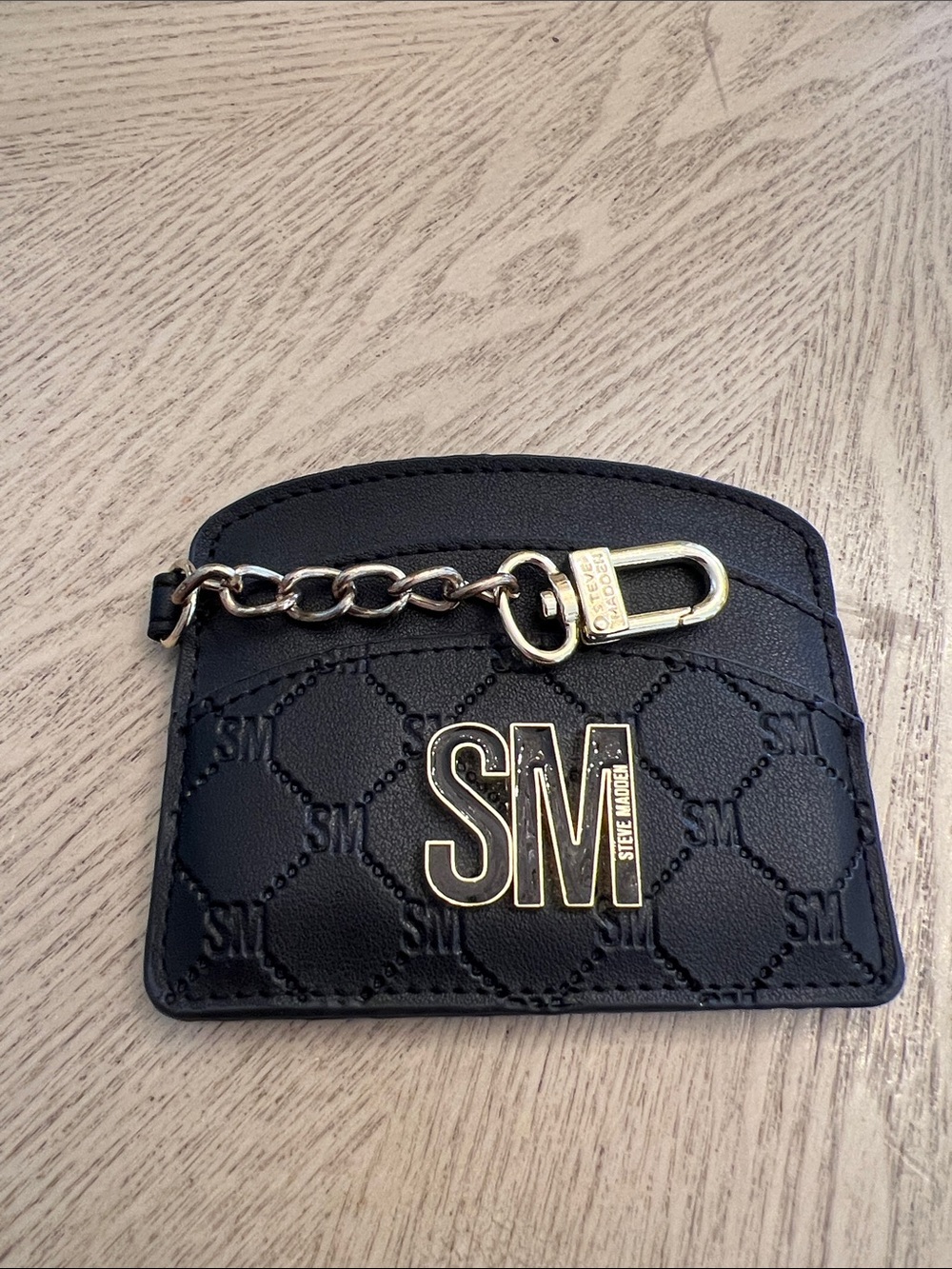 Steve Madden Black Quilted Card Holder with Gold SM Logo & Chain